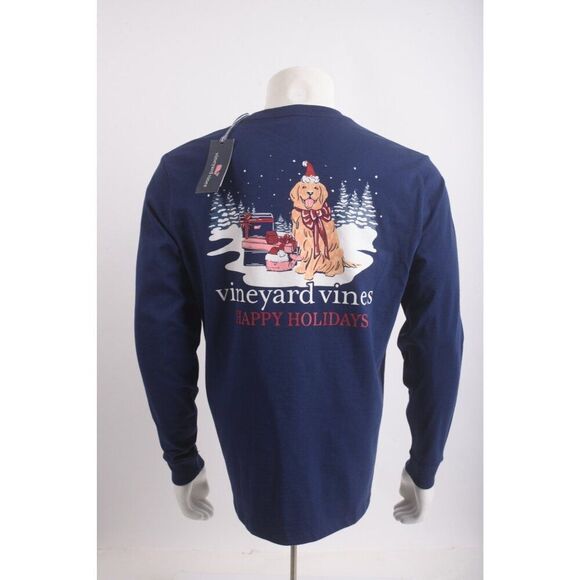 Vineyard Vines Mens T- Shirt Size M Navy Blue Christmas Dog Golden Retreiver NWT - Picture 1 of 6